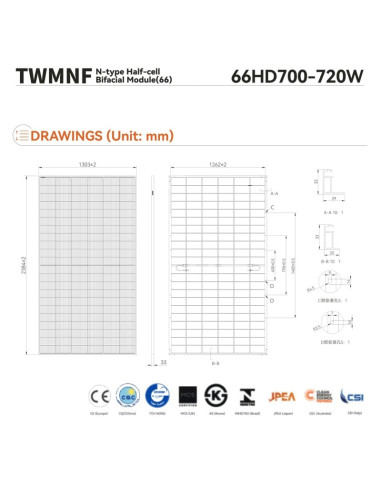 TONGWEI TWMNF-66HD715 - 2382*1303*30 Voc 49.11 Isc 18.50