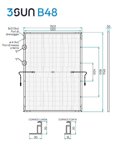3SUN 460W - Serie B48 3SHBGA-AF-460 - 1754 x 1303 x 30 Voc 35,25 Isc 16,52