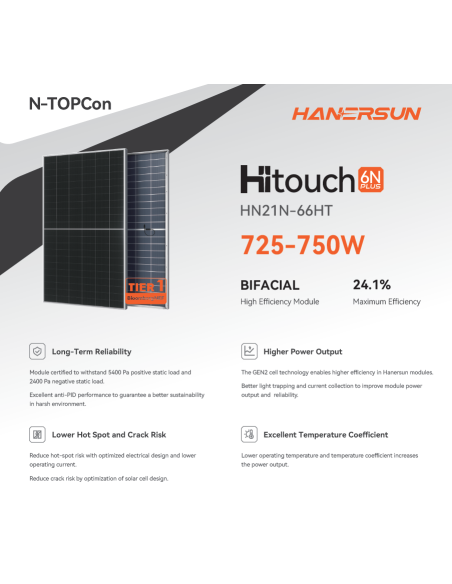 HANERSUN 730W- HN21N-66HT730W  1.2m cable, Bifacial, 2384x1303x33, Voc 49,40 Isc 18,58