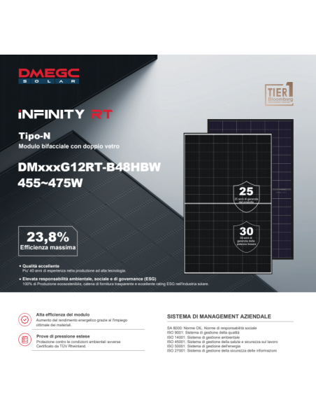 DMEGC 460W - DM460G12RT-B48HBW Bifacciale Vetro-Vetro, 1762x1134x30 - Voc 36,32 Isc 15,83