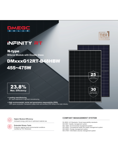 DMEGC 465W - DM465G12RT-B48HBW Bifacciale Vetro-Vetro, 1762x1134x30 - Voc 36,46 Isc 15,88