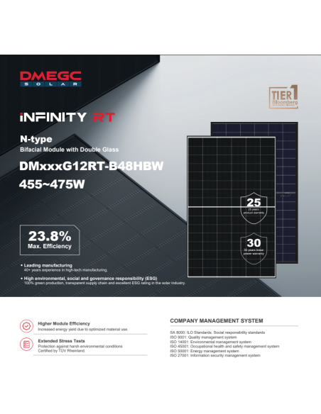 DMEGC 465W - DM465G12RT-B48HBW Bifacciale Vetro-Vetro, 1762x1134x30 - Voc 36,46 Isc 15,88