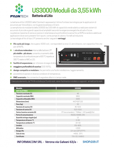 Batt Litio 3,5 kWh Pylontech US3000