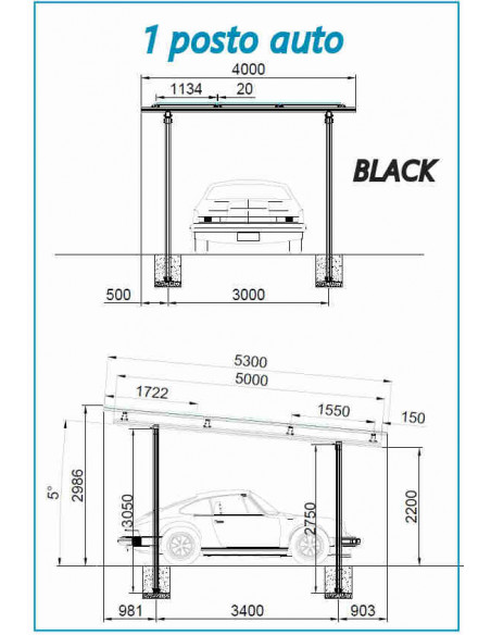 Struttura in Alluminio Completa per Carport 1 auto WINTOP - Black