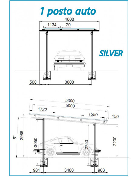Struttura in Alluminio Completa per Carport 1 auto WINTOP - Silver